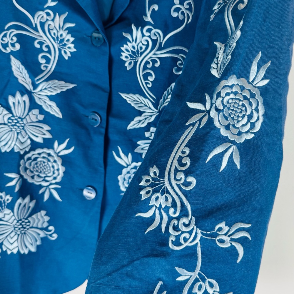 Victor Costa Occasion Blue Linen Blend Embroidered Floral Blazer L - Picture 2 of 4